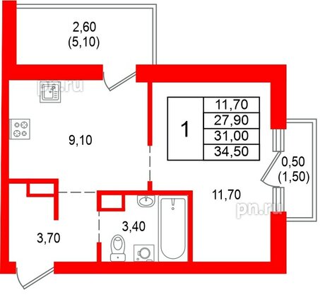 Квартира в ЖК Альпенштадт, 1 комнатная, 31 м², 10 этаж