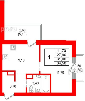 Квартира в ЖК Альпенштадт, 1 комнатная, 31 м², 11 этаж