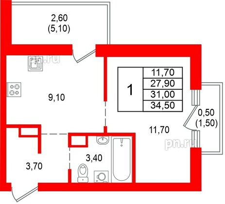 Квартира в ЖК Альпенштадт, 1 комнатная, 31 м², 14 этаж