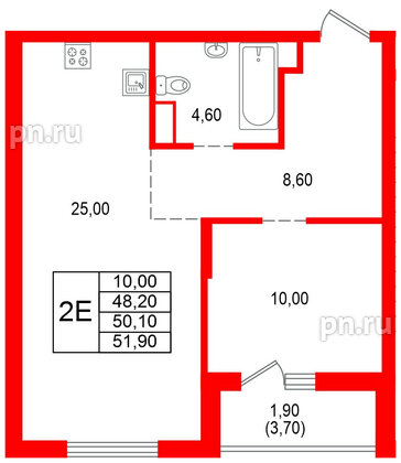 Квартира в ЖК Альпенштадт, 1 комнатная, 50.1 м², 1 этаж