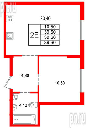 Квартира в ЖК Альпенштадт, 1 комнатная, 39.6 м², 1 этаж