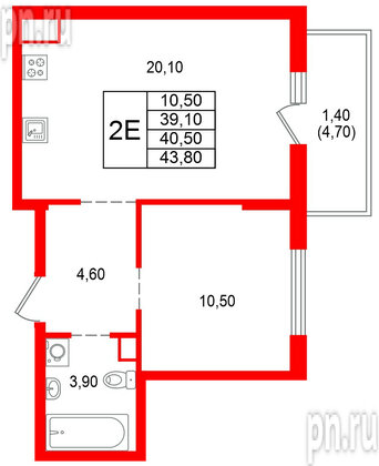 Квартира в ЖК Альпенштадт, 1 комнатная, 40.5 м², 4 этаж