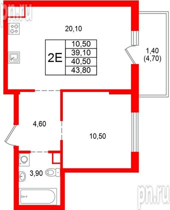 Квартира в ЖК Альпенштадт, 1 комнатная, 40.5 м², 5 этаж