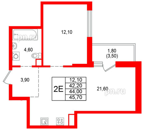 Квартира в ЖК Альпенштадт, 1 комнатная, 44 м², 2 этаж