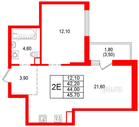 Квартира в ЖК Альпенштадт, 1 комнатная, 44 м², 10 этаж