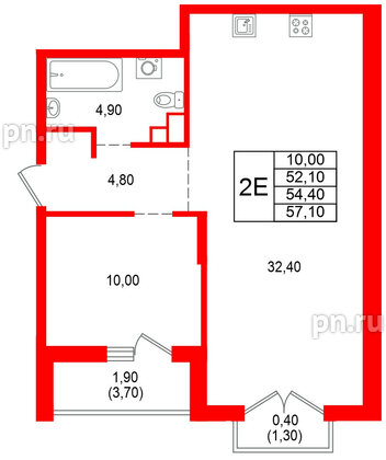 Квартира в ЖК Альпенштадт, 1 комнатная, 54.4 м², 2 этаж