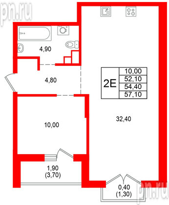 Квартира в ЖК Альпенштадт, 1 комнатная, 54.4 м², 9 этаж