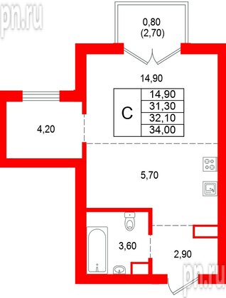 Квартира в ЖК Альпенштадт, студия, 32.1 м², 4 этаж