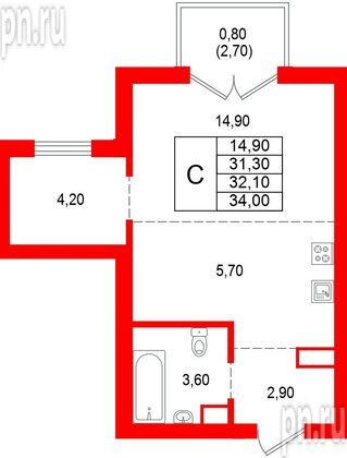 Квартира в ЖК Альпенштадт, студия, 32.1 м², 9 этаж