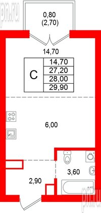 Квартира в ЖК Альпенштадт, студия, 28 м², 7 этаж