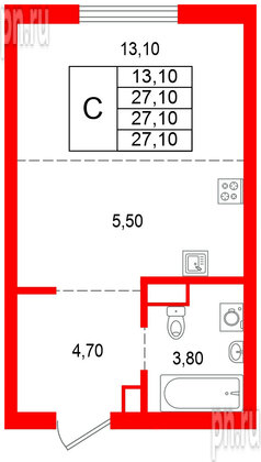 Квартира в ЖК Альпенштадт, студия, 27.1 м², 1 этаж