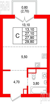 Квартира в ЖК Альпенштадт, студия, 27.9 м², 2 этаж
