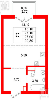 Квартира в ЖК Альпенштадт, студия, 27.9 м², 6 этаж