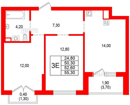 Квартира в ЖК Альпенштадт, 2 комнатная, 52.6 м², 7 этаж
