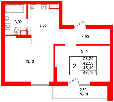Квартира в ЖК Альпенштадт, 2 комнатная, 45.1 м², 5 этаж
