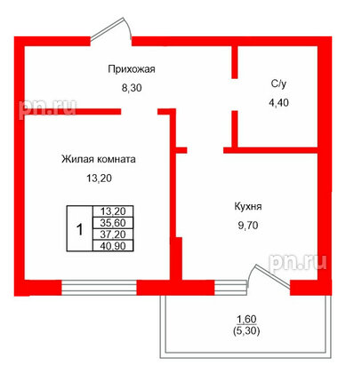 Квартира в ЖК Левада, 1 комнатная, 37.2 м², 1 этаж