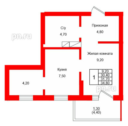 Квартира в ЖК Левада, 1 комнатная, 31.7 м², 6 этаж