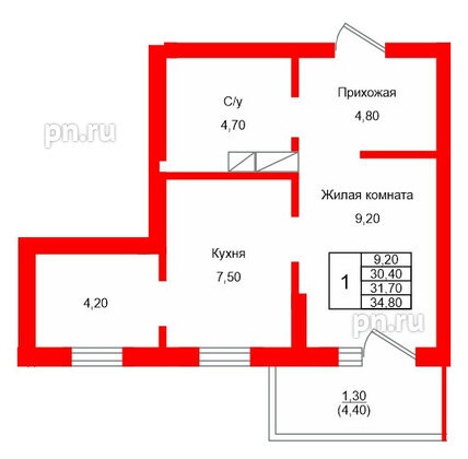 Квартира в ЖК Левада, 1 комнатная, 31.7 м², 9 этаж