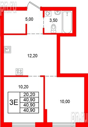 Квартира в ЖК Альпенштадт, 2 комнатная, 40.9 м², 1 этаж