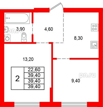 Квартира в ЖК Альпенштадт, 2 комнатная, 39.4 м², 1 этаж