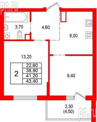 Квартира в ЖК Альпенштадт, 2 комнатная, 41.2 м², 2 этаж