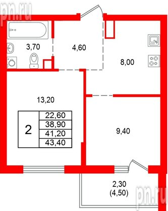 Квартира в ЖК Альпенштадт, 2 комнатная, 41.2 м², 10 этаж