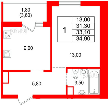 Квартира в ЖК Альпенштадт, 1 комнатная, 33.1 м², 13 этаж