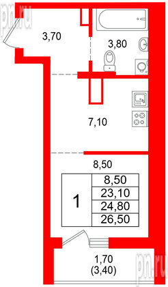 Квартира в ЖК Альпенштадт, 1 комнатная, 24.8 м², 3 этаж