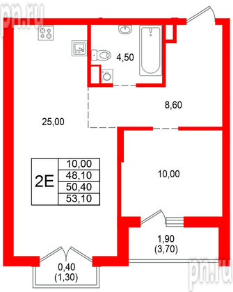 Квартира в ЖК Альпенштадт, 1 комнатная, 50.4 м², 2 этаж