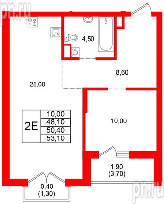 Квартира в ЖК Альпенштадт, 1 комнатная, 50.4 м², 6 этаж