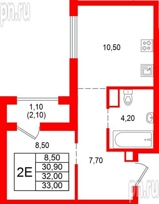 Квартира в ЖК Альпенштадт, 1 комнатная, 32 м², 2 этаж