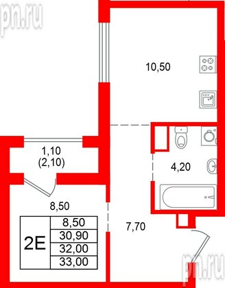Квартира в ЖК Альпенштадт, 1 комнатная, 32 м², 7 этаж