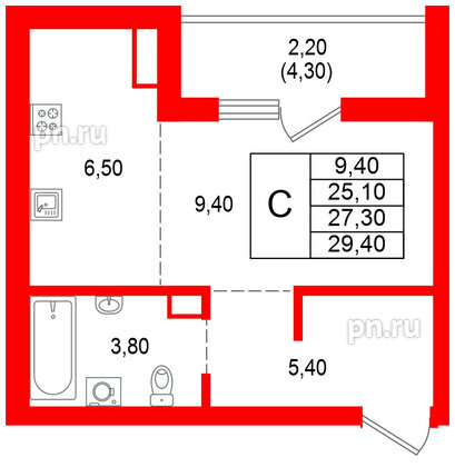 Квартира в ЖК Альпенштадт, студия, 27.3 м², 3 этаж