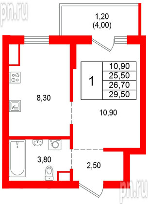 Квартира в ЖК Альпенштадт, 1 комнатная, 26.7 м², 9 этаж