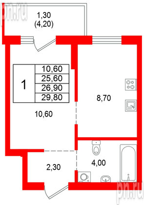 Квартира в ЖК Альпенштадт, 1 комнатная, 26.9 м², 2 этаж