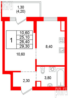 Квартира в ЖК Альпенштадт, 1 комнатная, 26.4 м², 8 этаж