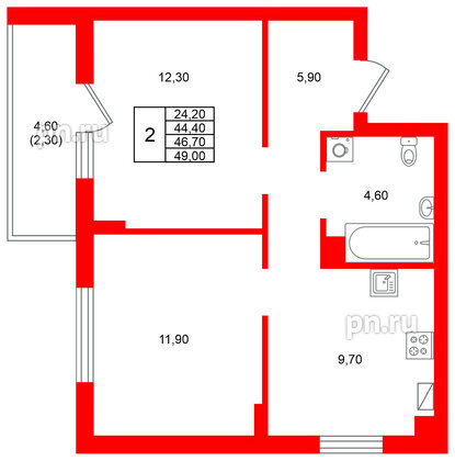 Квартира в ЖК Виридиан, 2 комнатная, 46.7 м², 2 этаж