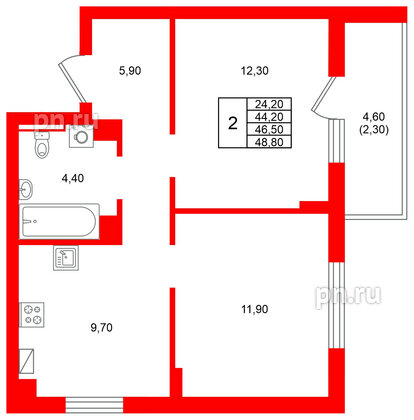 Квартира в ЖК Виридиан, 2 комнатная, 46.5 м², 3 этаж