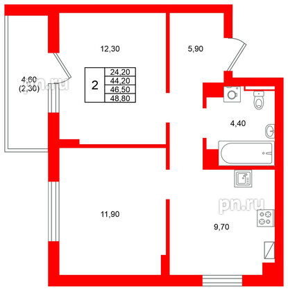 Квартира в ЖК Виридиан, 2 комнатная, 46.5 м², 3 этаж