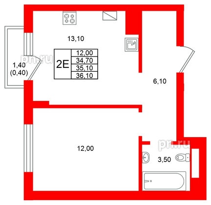 Квартира в ЖК Виридиан, 1 комнатная, 35.1 м², 2 этаж