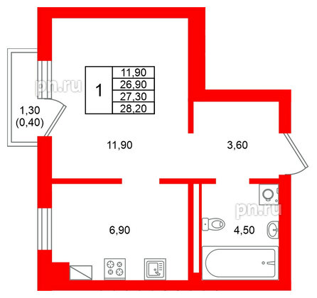 Квартира в ЖК Виридиан, 1 комнатная, 27.3 м², 2 этаж