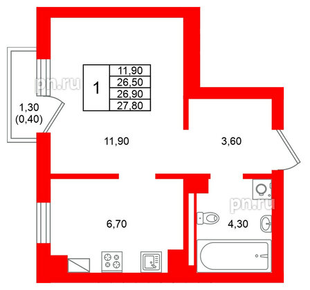 Квартира в ЖК Виридиан, 1 комнатная, 26.9 м², 3 этаж