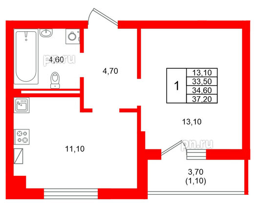 Квартира в ЖК Виридиан, 1 комнатная, 34.6 м², 2 этаж