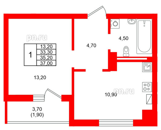 Квартира в ЖК Виридиан, 1 комнатная, 35.2 м², 3 этаж