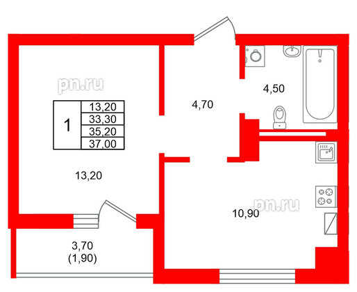 Квартира в ЖК Виридиан, 1 комнатная, 35.2 м², 4 этаж