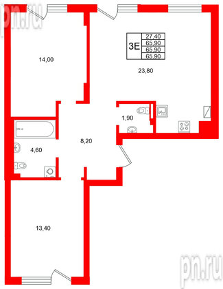 Квартира в ЖК Виридиан, 2 комнатная, 65.9 м², 1 этаж