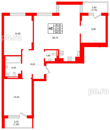 Квартира в ЖК Виридиан, 3 комнатная, 81 м², 2 этаж