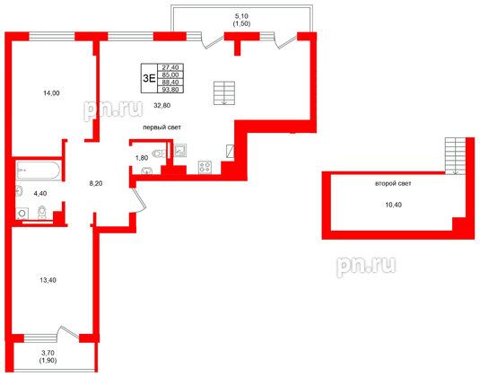 Квартира в ЖК Виридиан, 2 комнатная, 88.4 м², 4 этаж