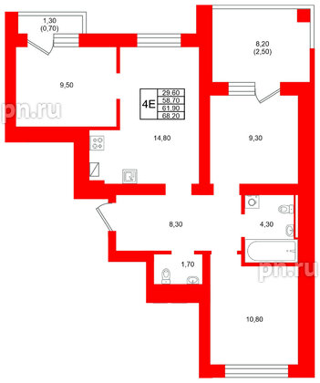 Квартира в ЖК Виридиан, 3 комнатная, 61.9 м², 2 этаж