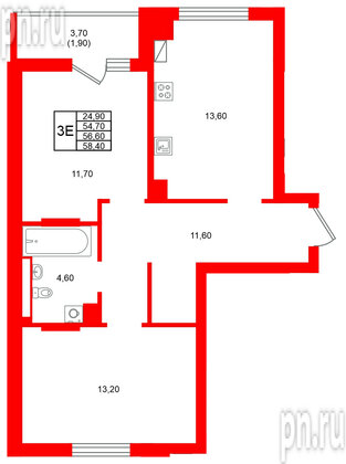 Квартира в ЖК Виридиан, 2 комнатная, 56.6 м², 3 этаж